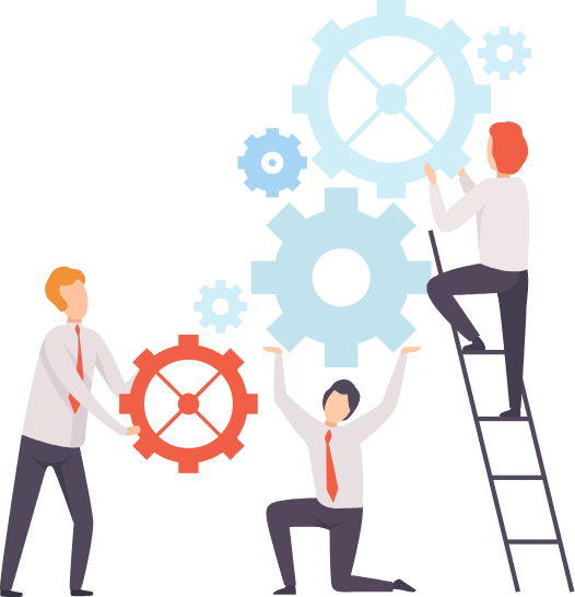 Clip art of three people in business attire holding up cogs together.